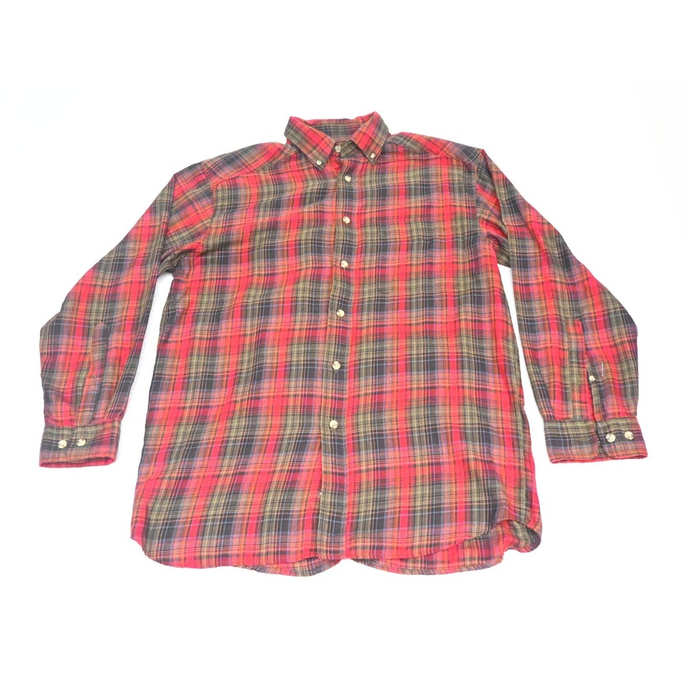 Basic Options Mens M Cotton Flannel Shirt Red Navy Plaid Button Up Long Sleeve